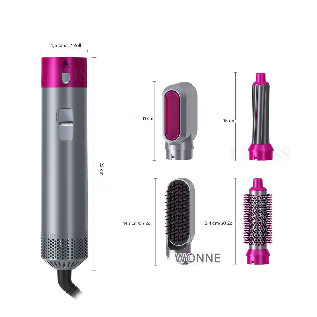 Ein graues und pinkfarbenes Haarstyling-Werkzeug mit mehreren Aufsätzen. Abmessungen sind enthalten.