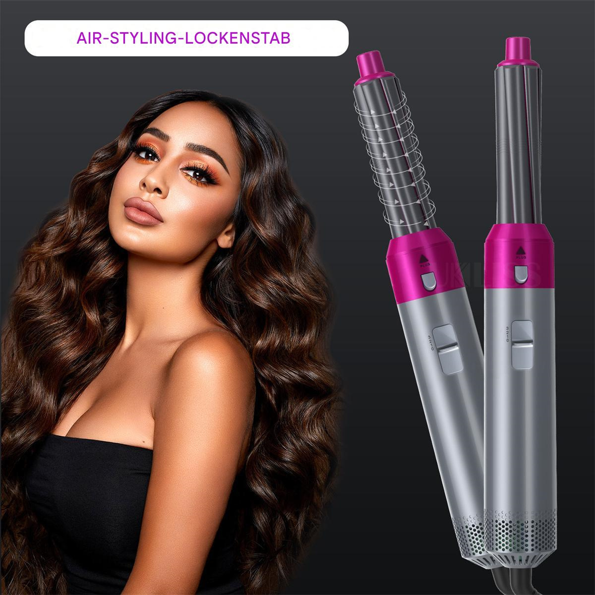 Eine Frau mit langen, welligen Haaren und ein Styler-Gerät zum Haarstyling.