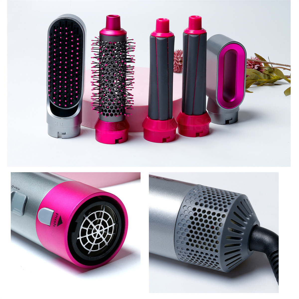 Haarstyling-Werkzeuge, einschließlich Bürste, Lockenaufsätze und Fön.