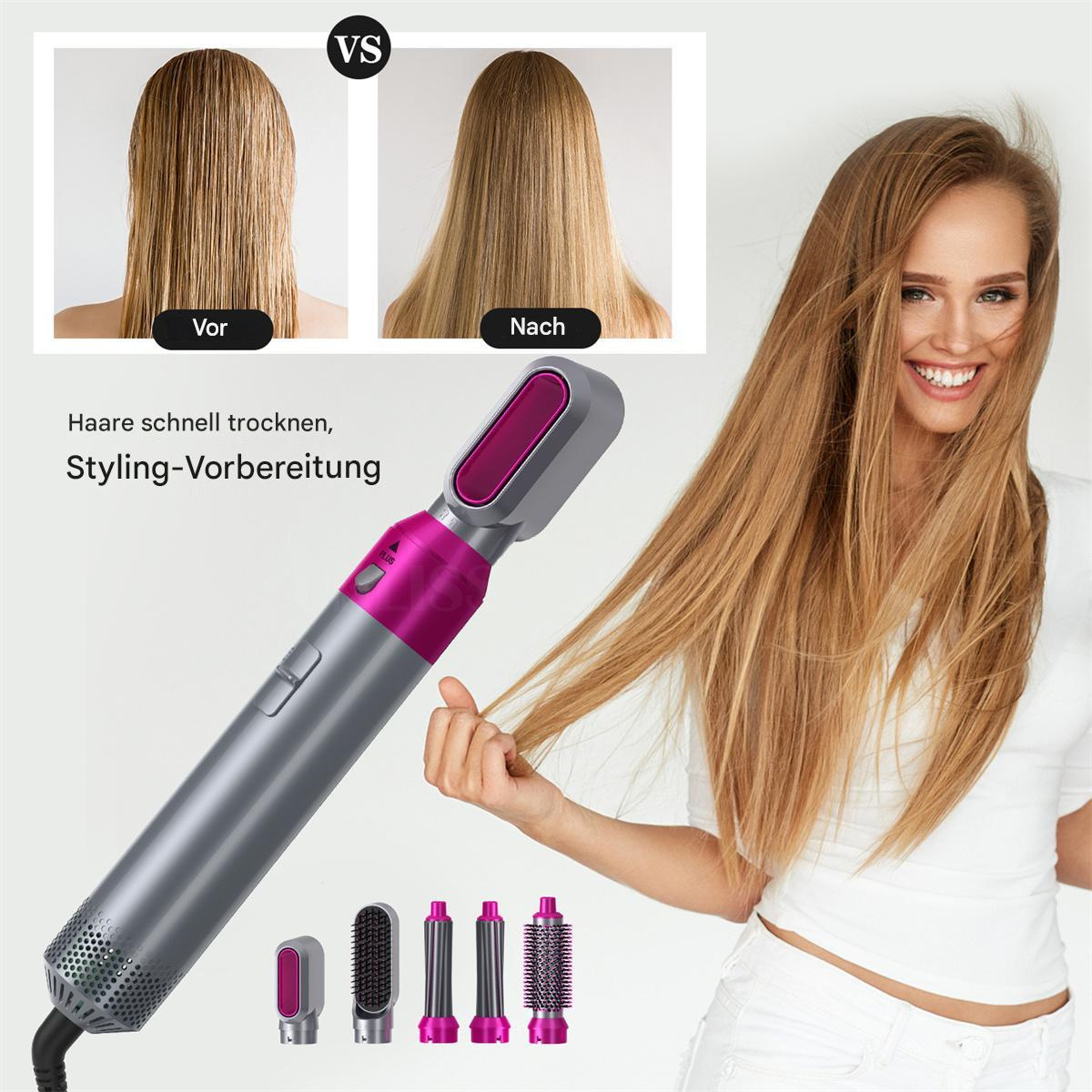 Eine Frau mit langen blonden Haaren benutzt ein Haarstyling-Tool. Das Tool hat rosa und graue Akzente.
