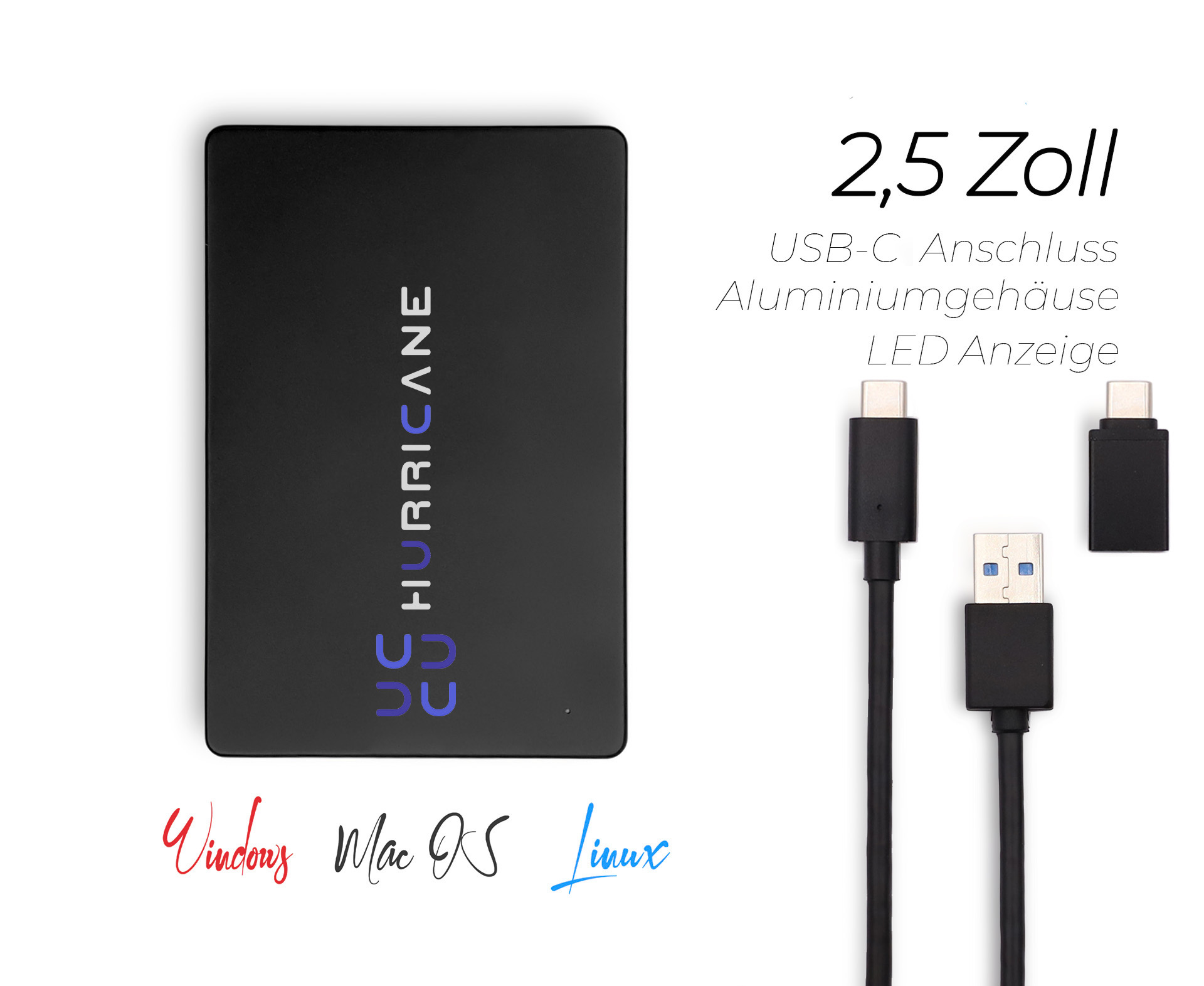 Schwarze externe Festplatte mit Kabeln. Text: USB-C Anschluss, Aluminiumgehäuse, LED Anzeige.