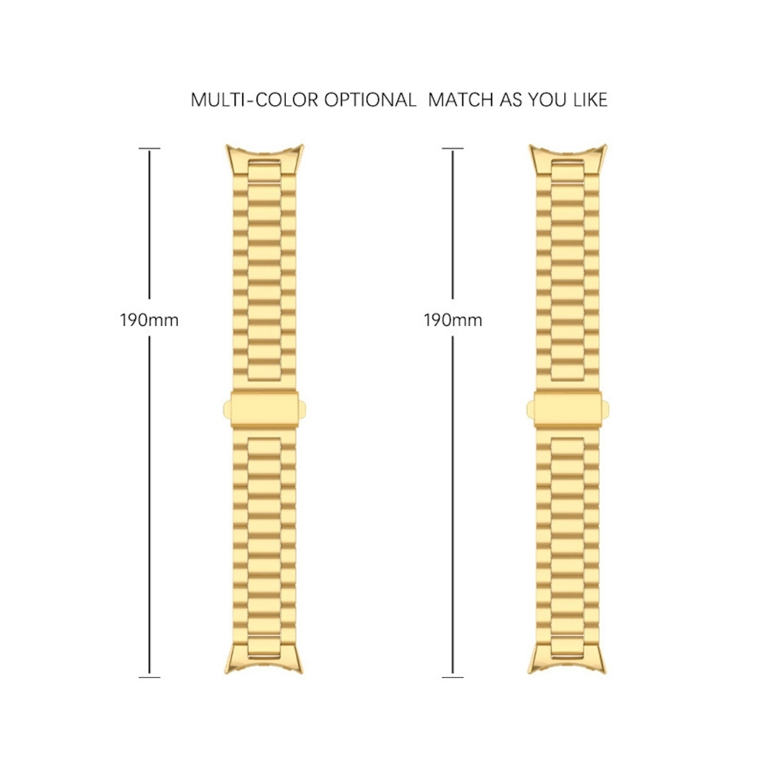Zwei goldene Uhrenarmbänder auf weißem Grund. Text oben: 'MULTI-COLOR OPTIONAL MATCH AS YOU LIKE'.