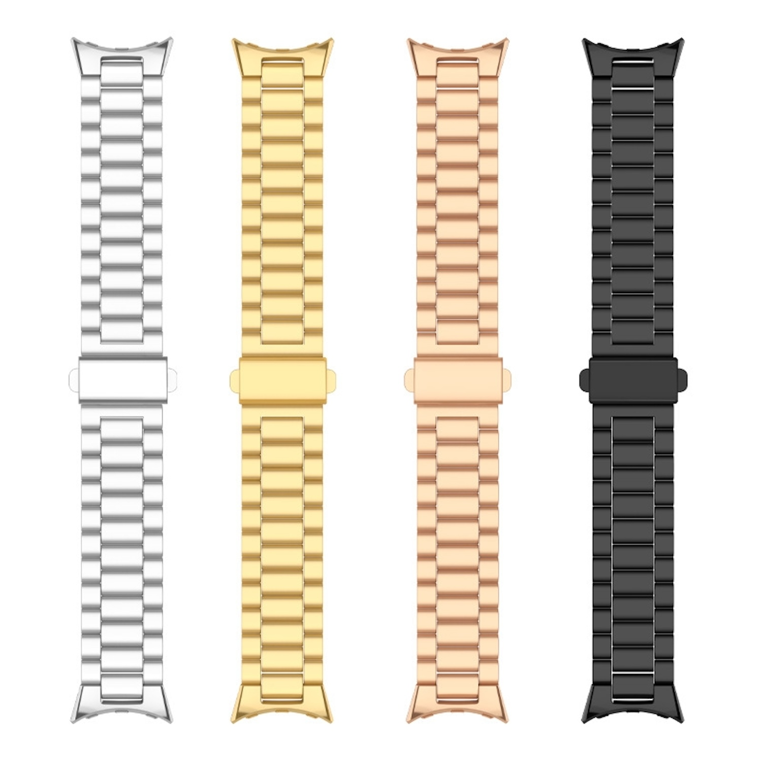 Vier Uhrenarmbänder in Silber, Gold, Roségold und Schwarz. Sie sind aus Metall und haben Glieder.