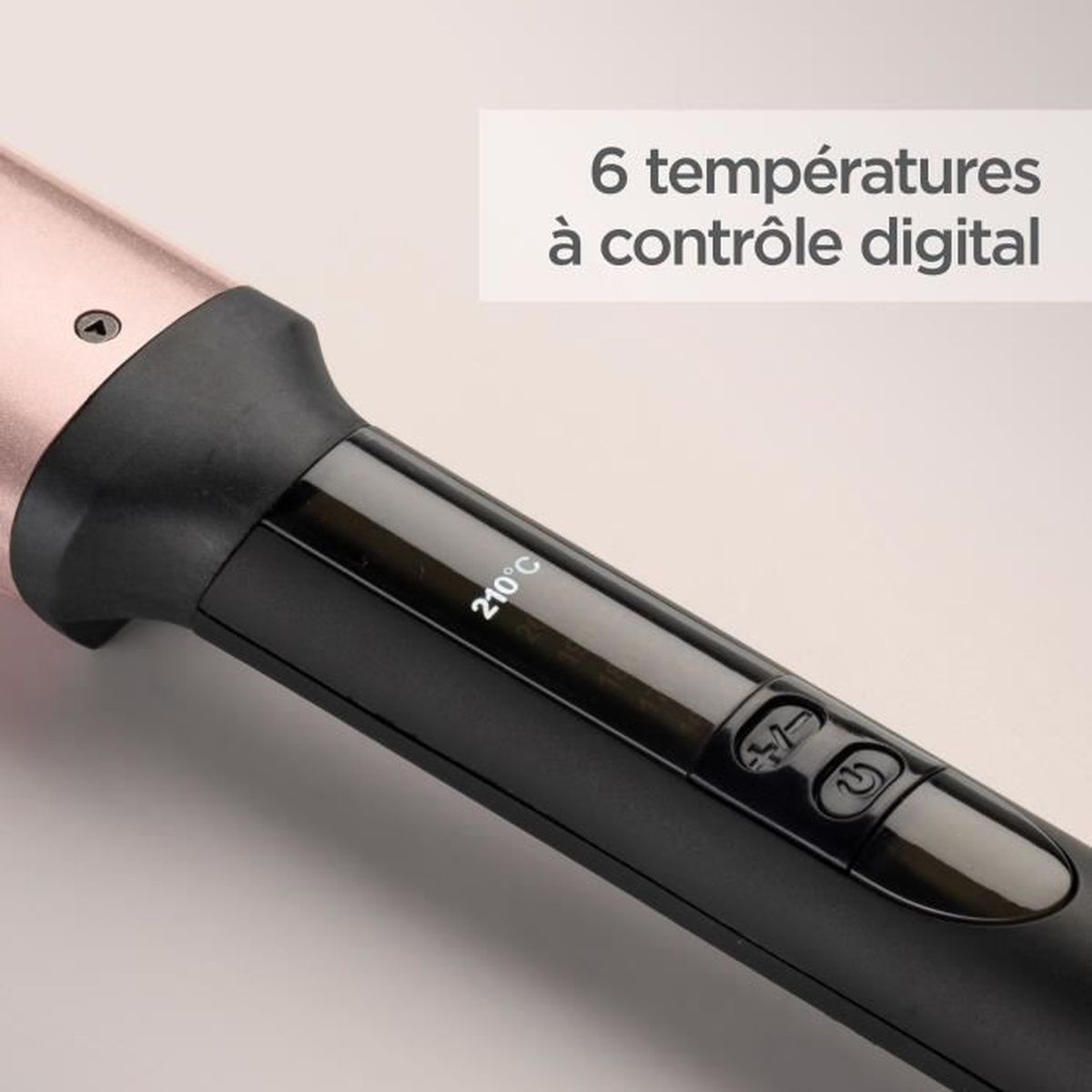 Schwarzer und roségoldener Lockenstab mit digitaler Temperaturregelung.