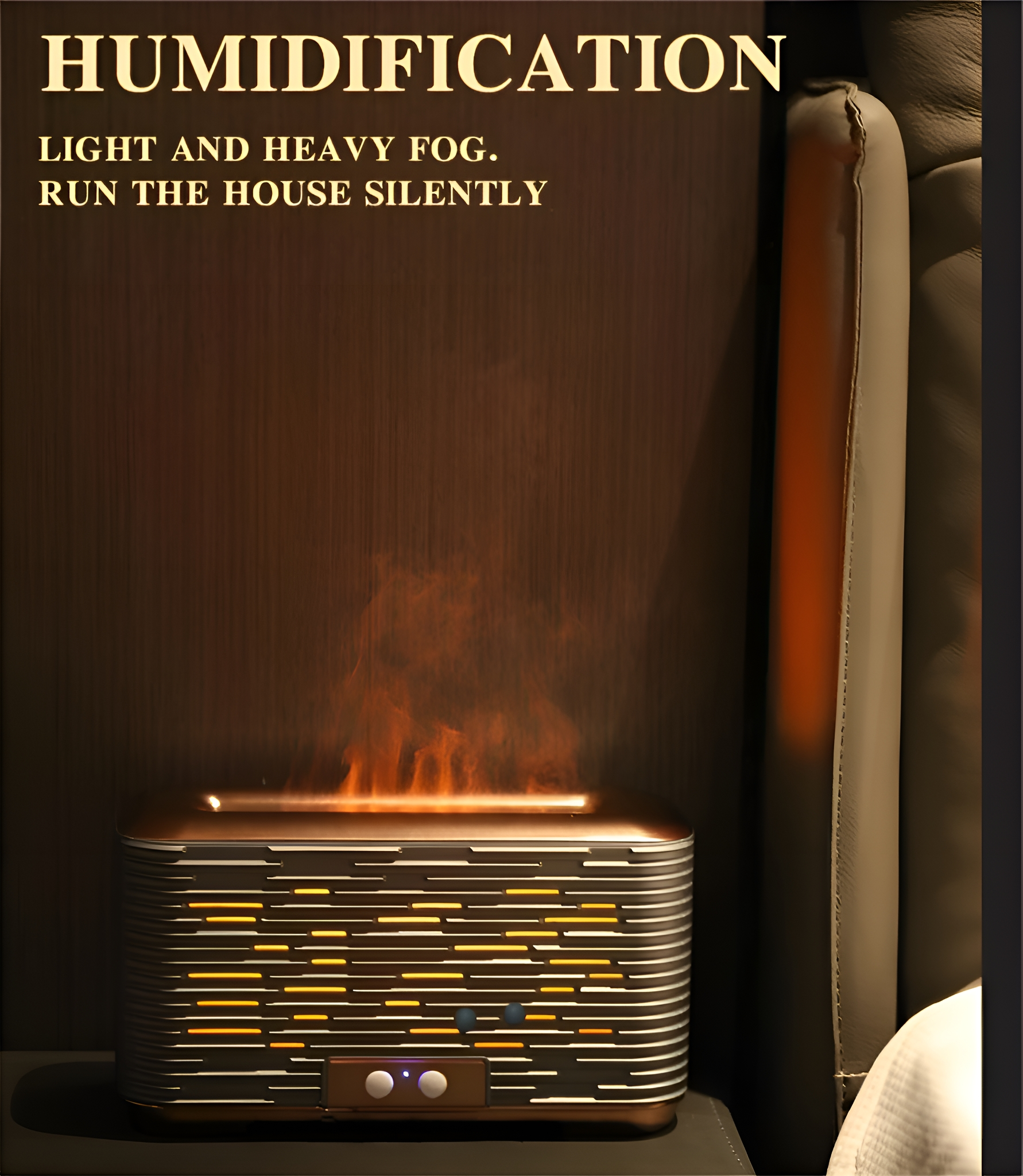 Luftbefeuchter mit Dampf. Text: 'Humidification' und 'Light and heavy fog'.