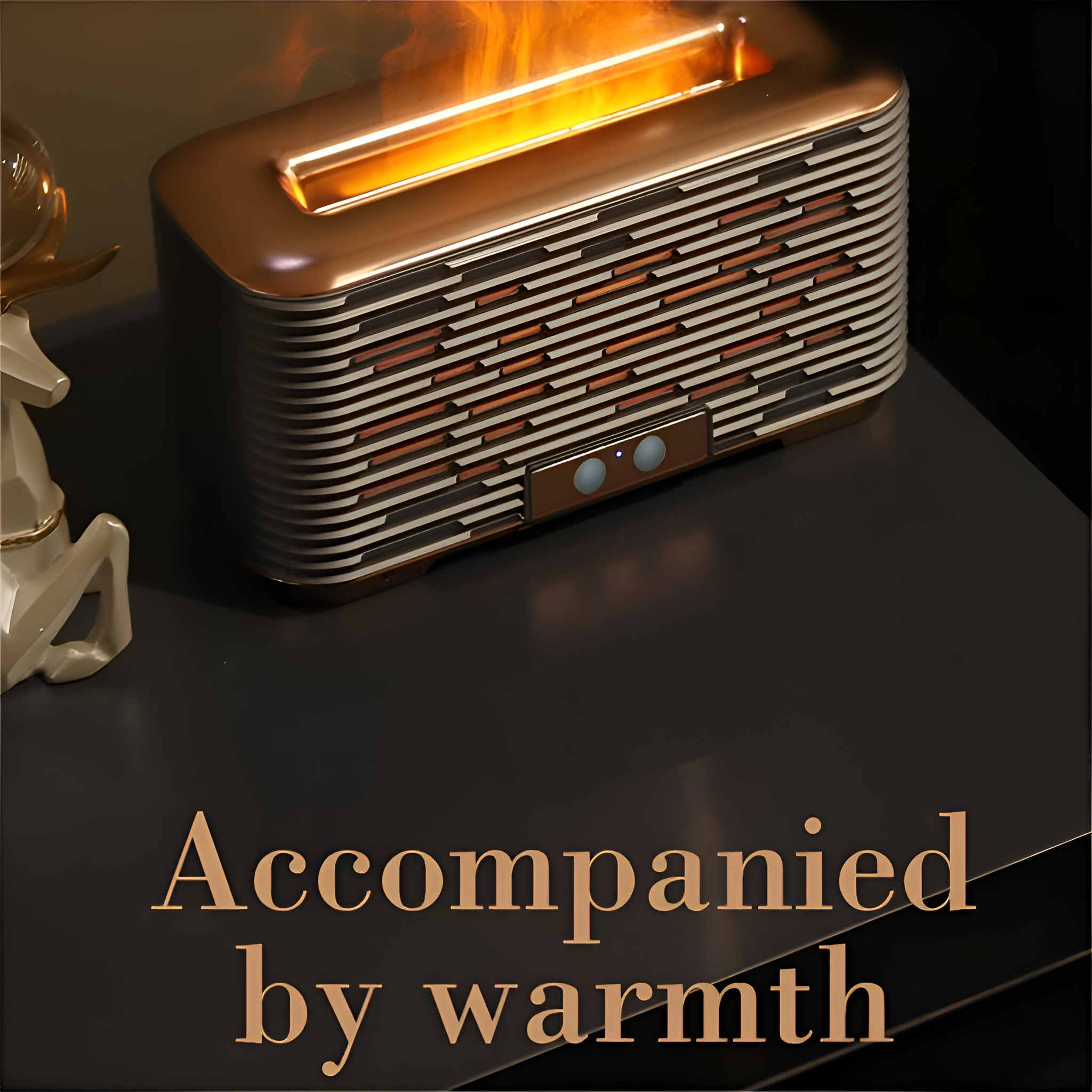 Ein dekorativer Kamin mit Flammen, auf einem dunklen Tisch. Der Text 'Accompanied by warmth' steht darunter.
