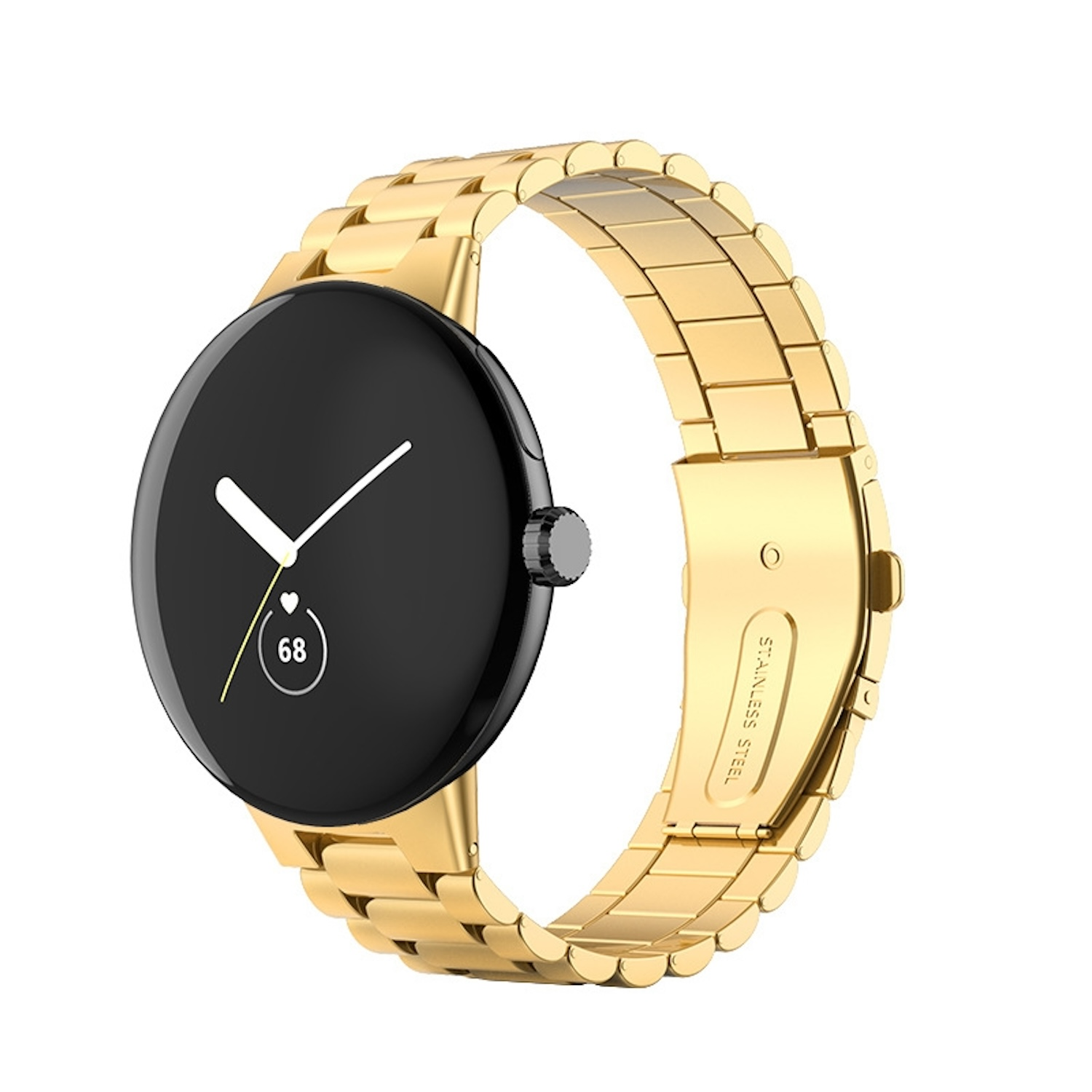 Goldene Smartwatch mit goldenem Armband. Schwarzer Bildschirm.
