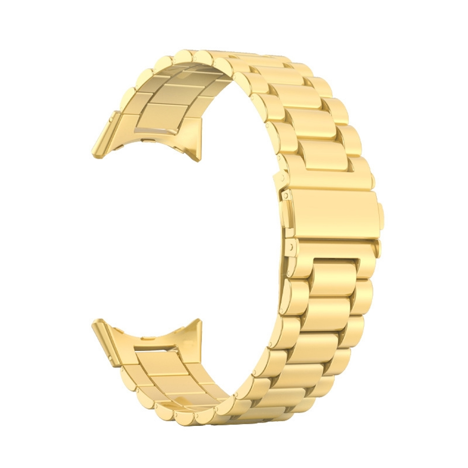 Goldenes Uhrenarmband, ein gebogenes, segmentiertes Metallband.