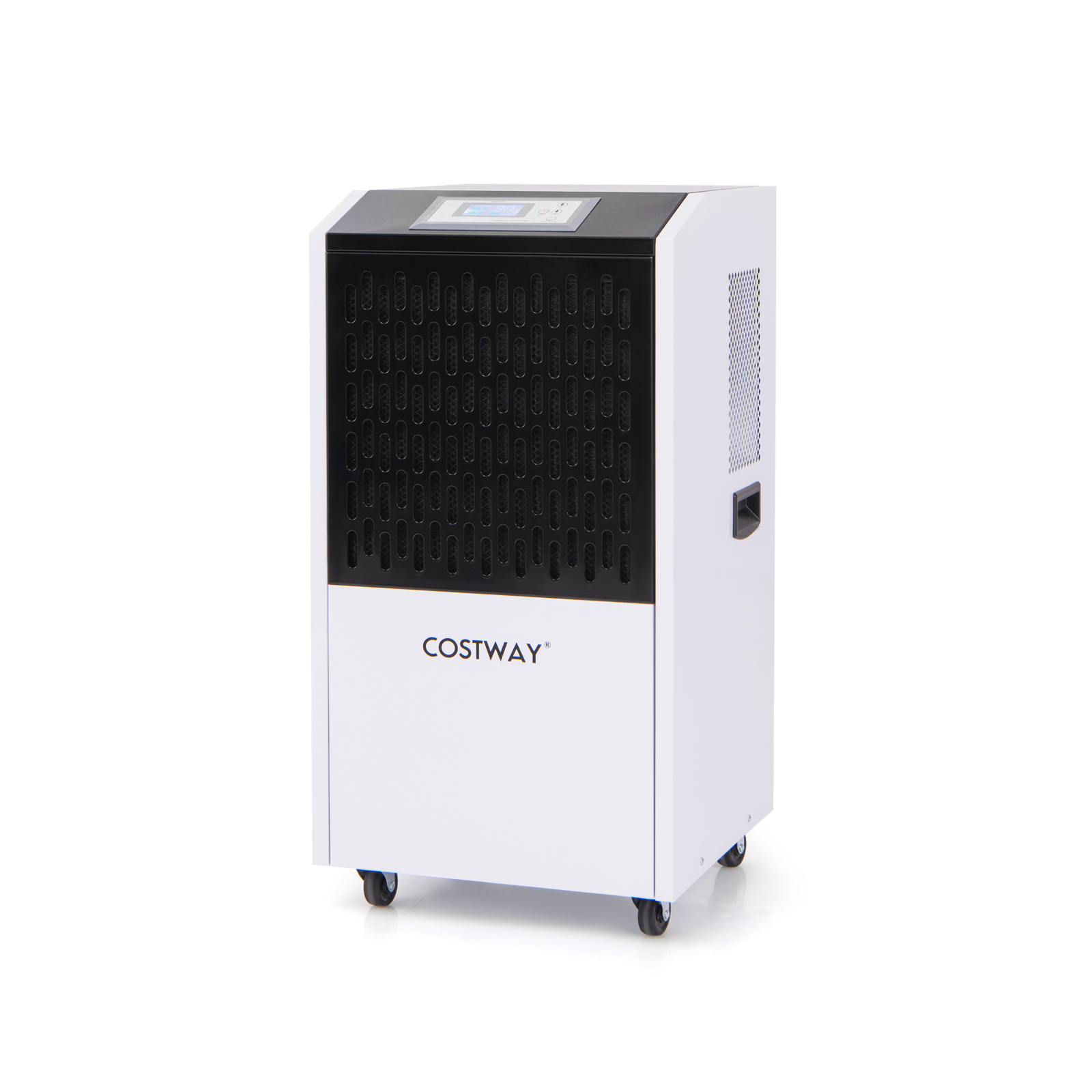 Weißer COSTWAY Luftentfeuchter mit schwarzem Frontpanel auf Rädern.
