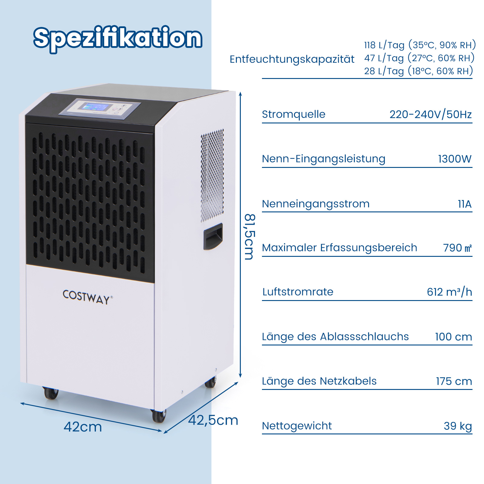 Weißer und schwarzer Luftentfeuchter mit Spezifikationstabelle. Zeigt Abmessungen und technische Daten.
