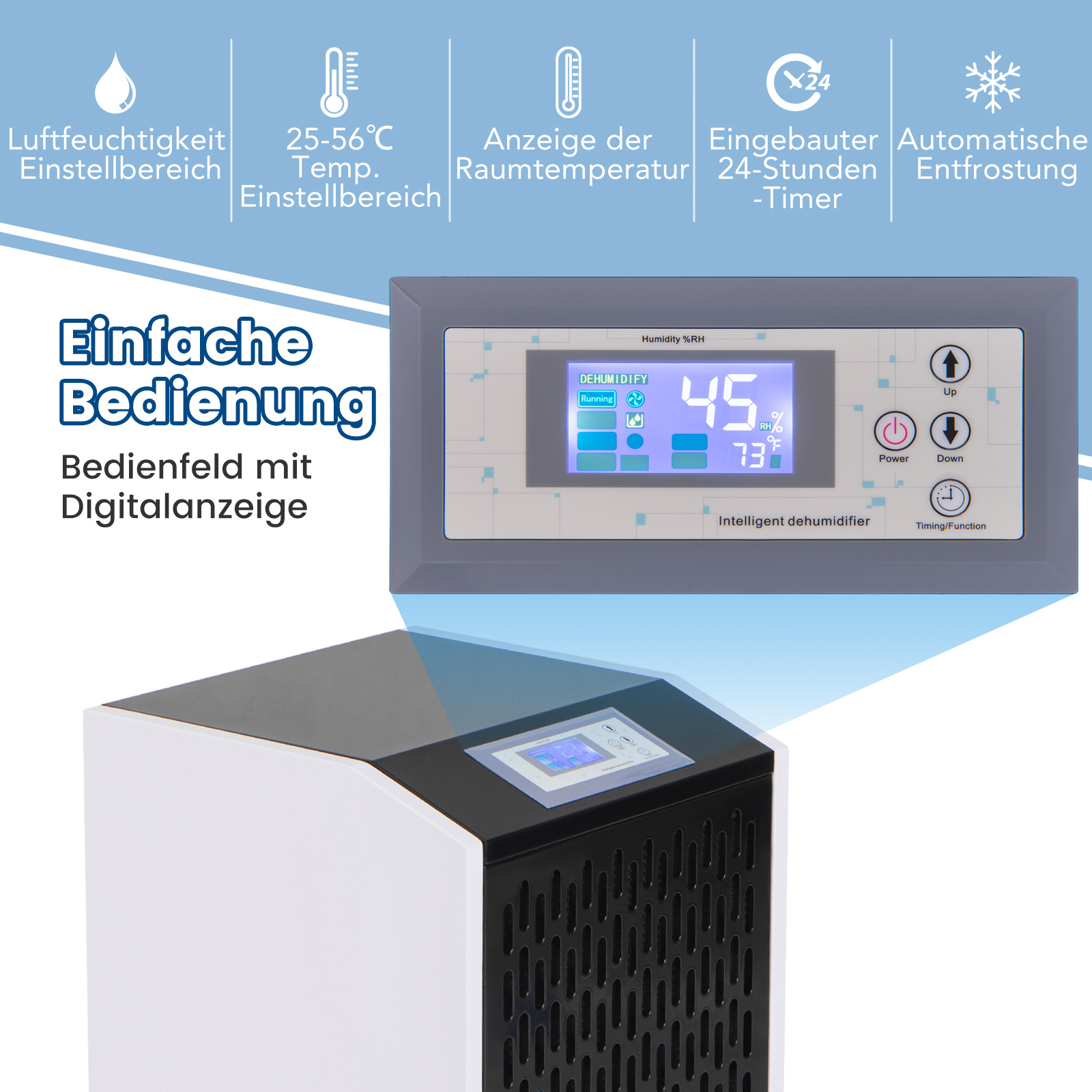 Luftentfeuchter mit Digitalanzeige, Bedienfeld und Text, weißes und schwarzes Design.