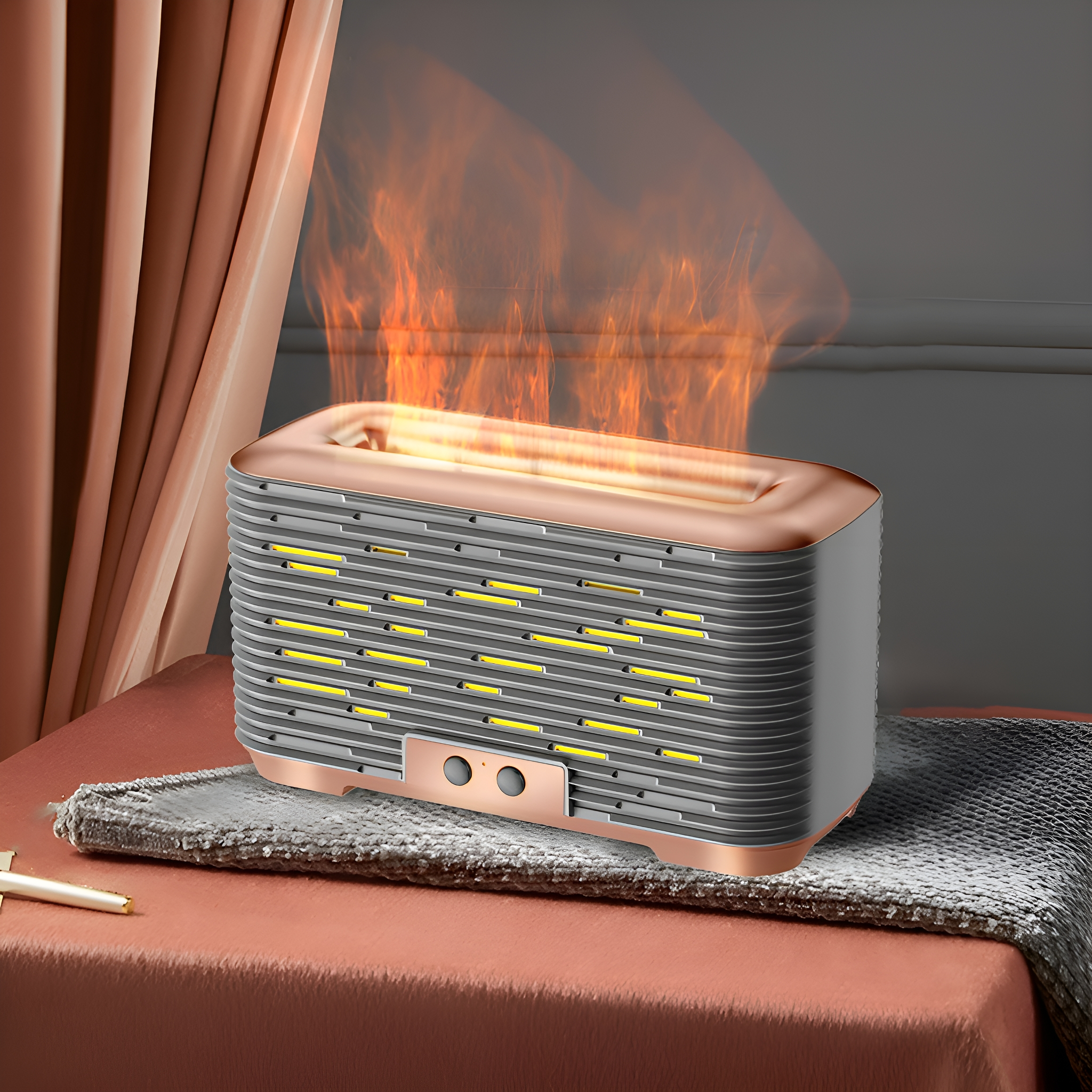 Elektrische Heizung im Retro-Stil mit Flammeneffekt, Grau- und Kupferfarben, gemütliche Innenszene.