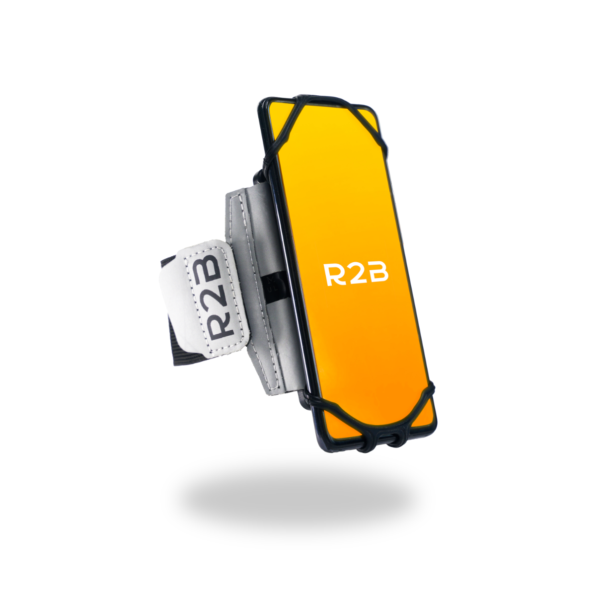 Een gele en zwarte telefoonhouder met een R2B logo.