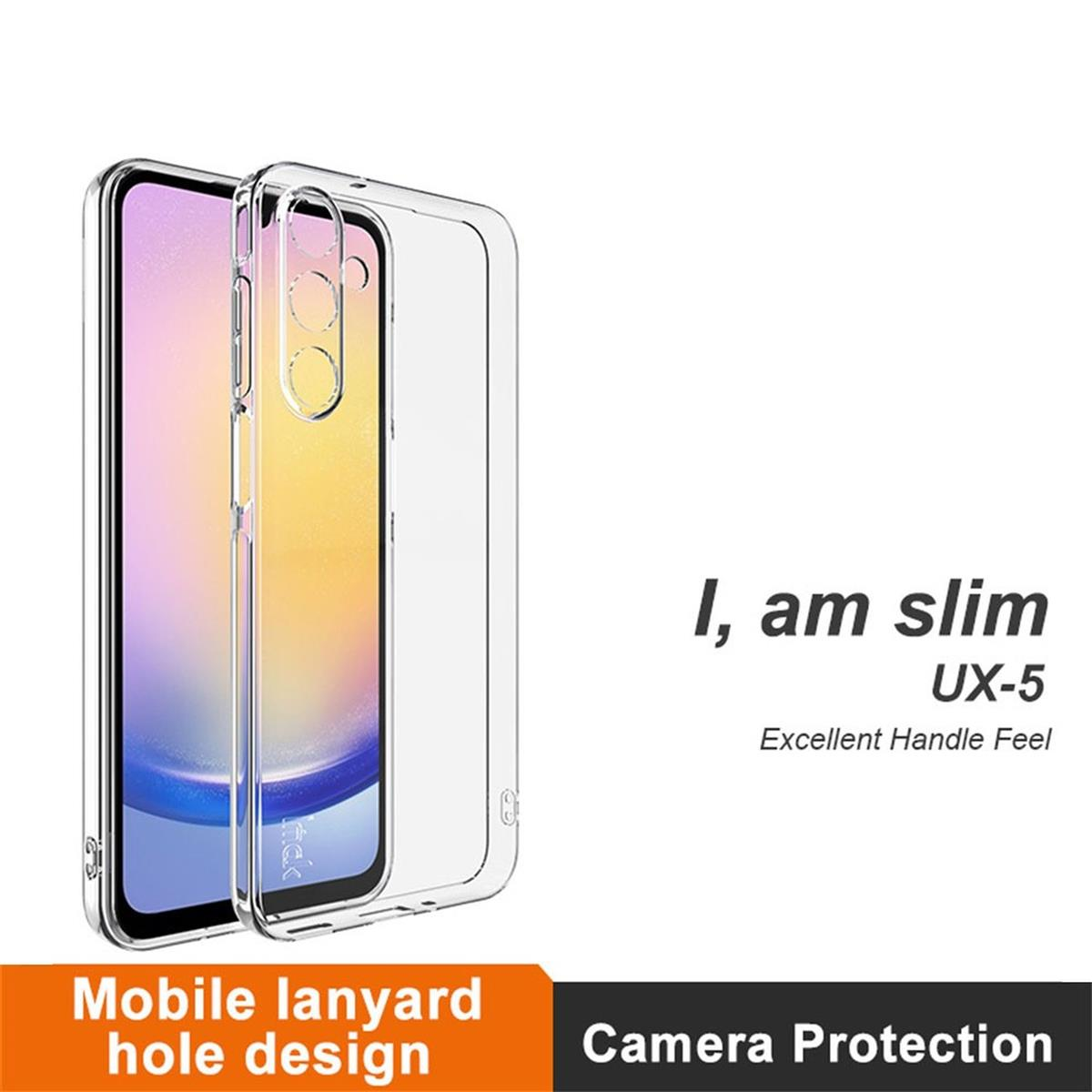 Eine transparente Handyhülle mit einem Telefon darin. Die Hülle hat ein Handyschlaufloch und Kameraschutz.