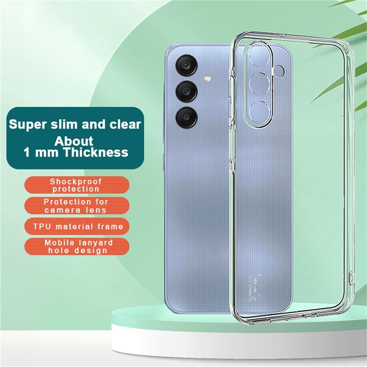 Telefon und Hülle, transparente Hülle auf dem Telefon, mit Text über Schutz.