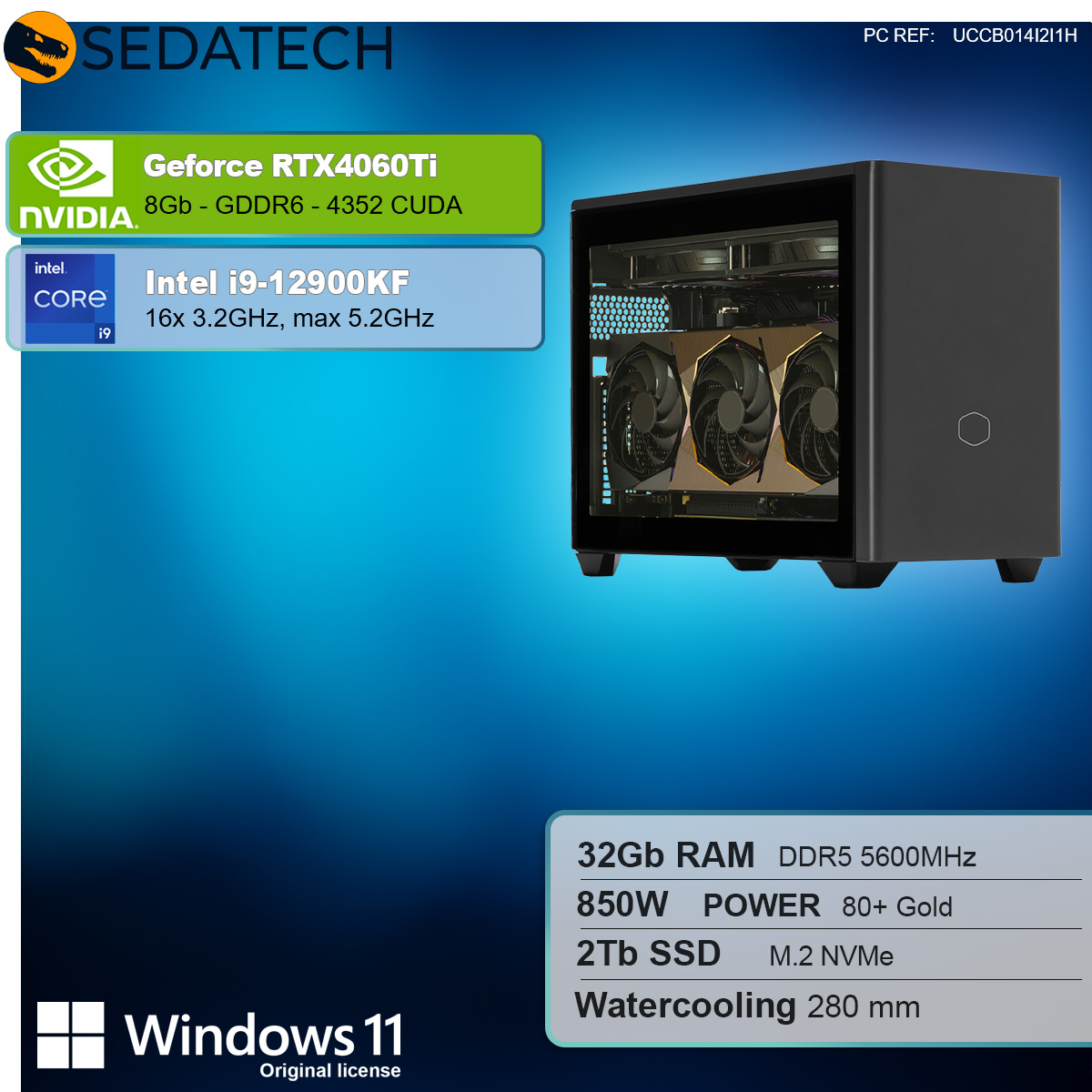Komponenty PC: Nvidia GeForce RTX 4060 Ti, Intel i9-12900KF, 32 GB RAM, 2 TB SSD, chłodzenie wodne.