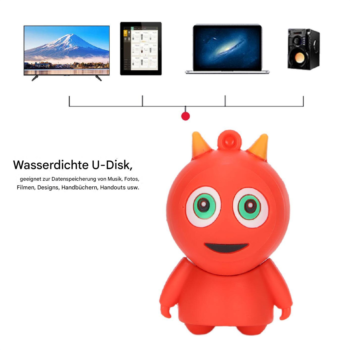 Roter USB-Stick in Form einer Cartoonfigur und elektronische Geräte.