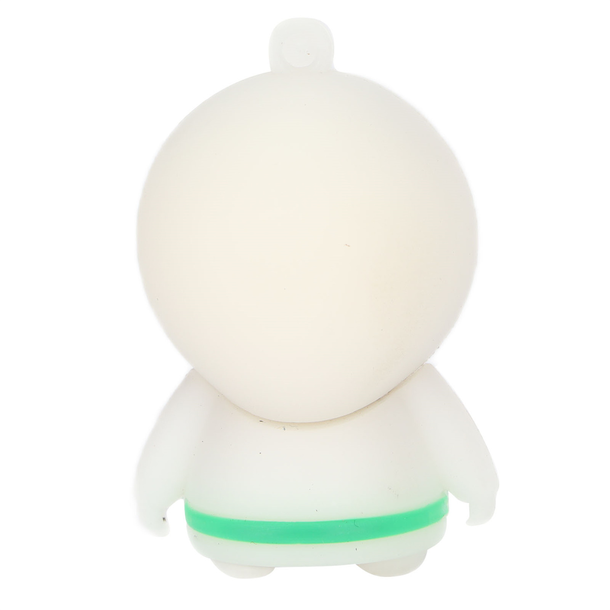 Eine weiße Spielfigur mit grünem Streifen um die Taille. Weißer Hintergrund.
