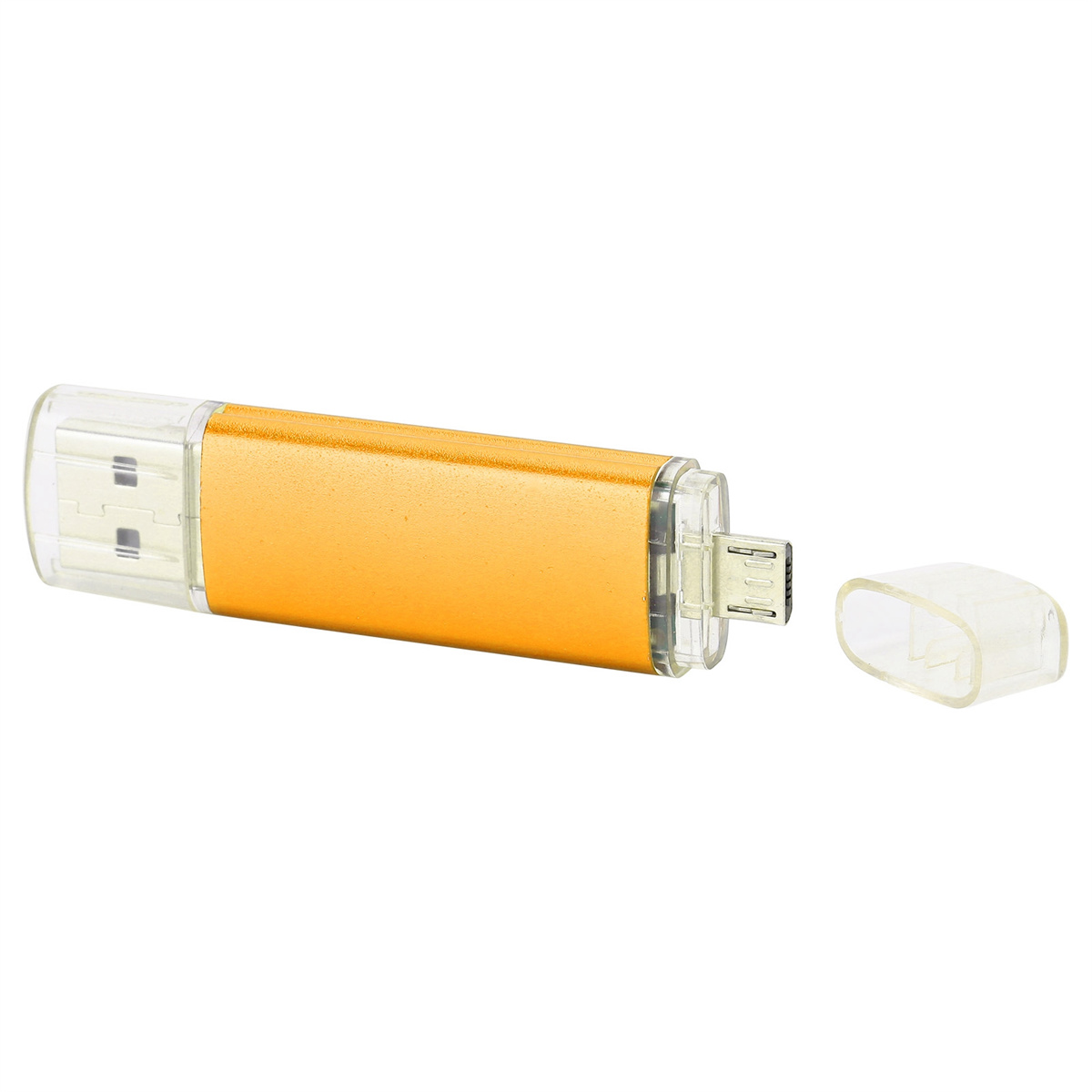 Ein goldener USB-Stick mit seiner Kappe daneben, weißer Hintergrund.