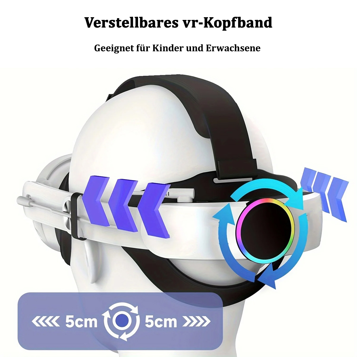 VR-Headset auf einem Kopf mit Pfeilen, die die Einstellrichtungen anzeigen.