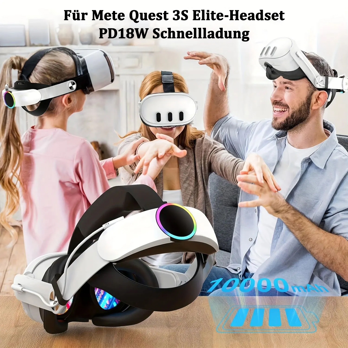 Eine Familie mit VR-Headsets, mit Text auf dem Bildschirm.