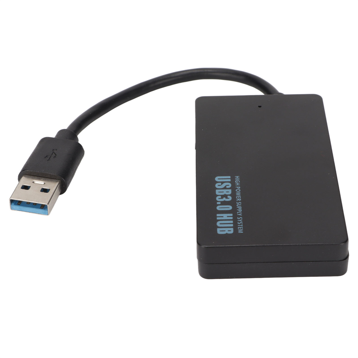 Schwarzer USB 3.0-Hub mit Kabel. Weißer Hintergrund.