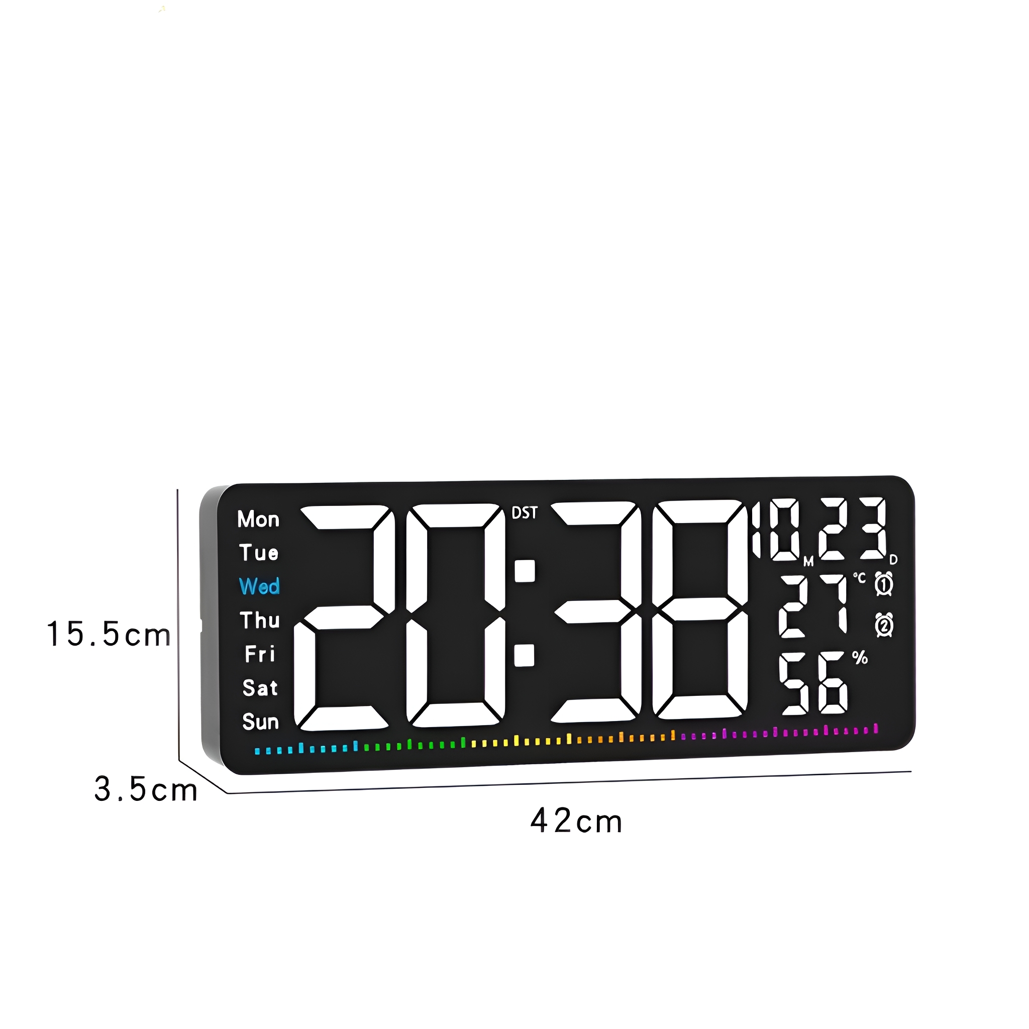 Schwarze Digitaluhr, die Zeit, Datum und Temperatur anzeigt.