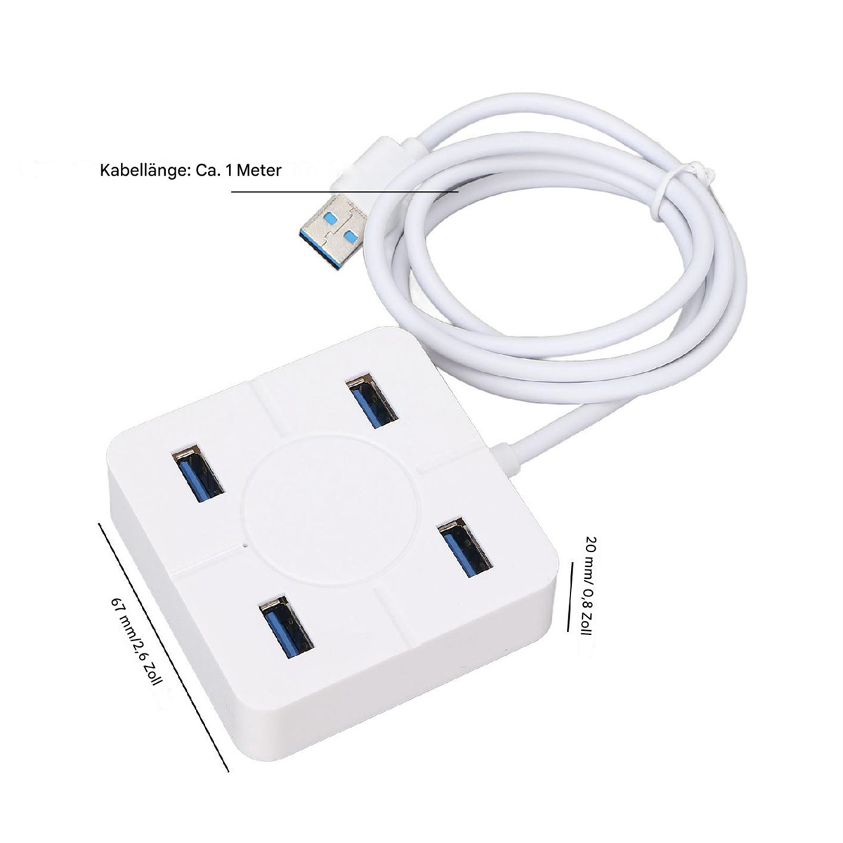 Weißer USB-Hub mit 4 Anschlüssen und weißem Kabel. Maße und Abmessungen sind angegeben.