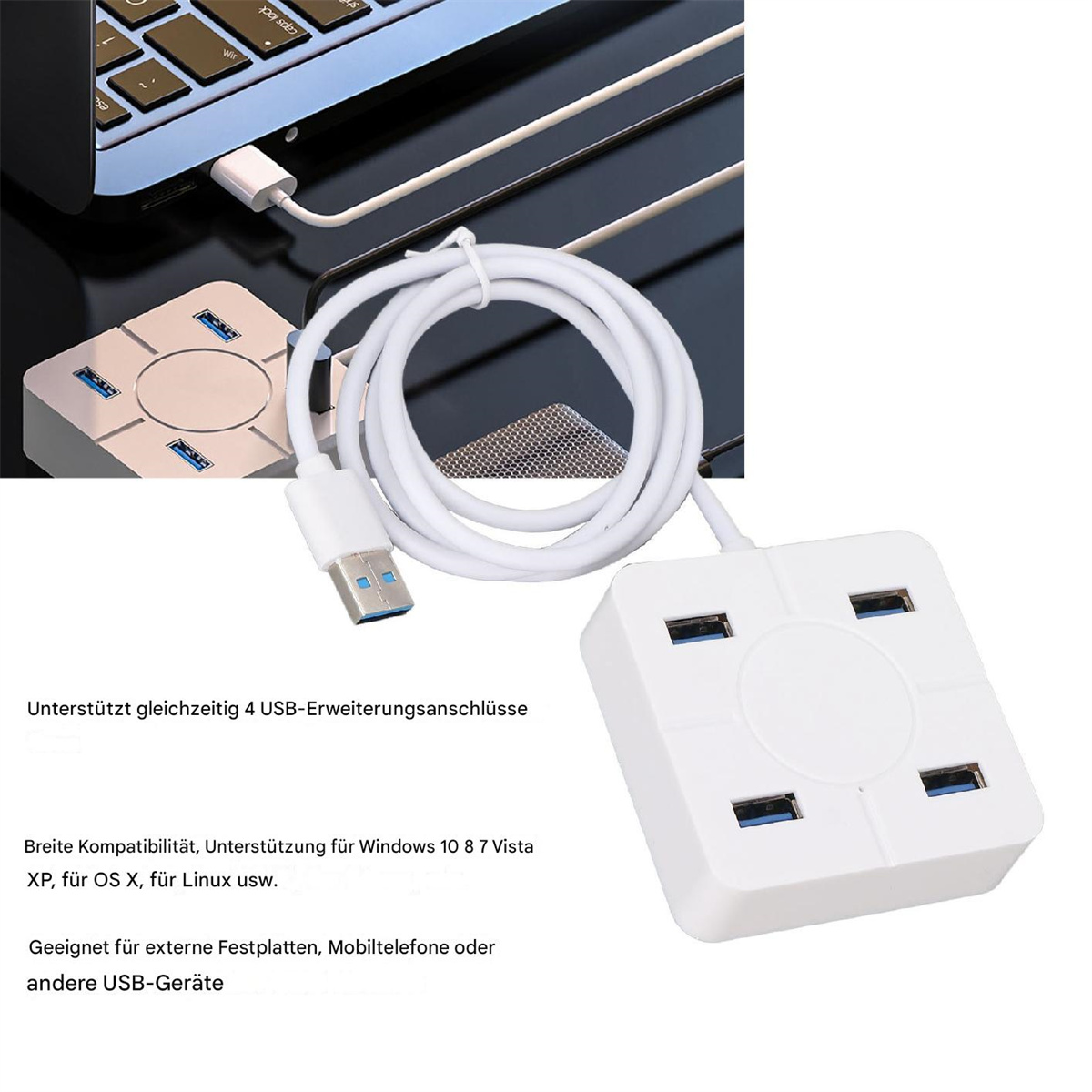 Ein weißer USB-Hub mit vier Anschlüssen. Ein Kabel ist angebracht, und der Text sagt:
