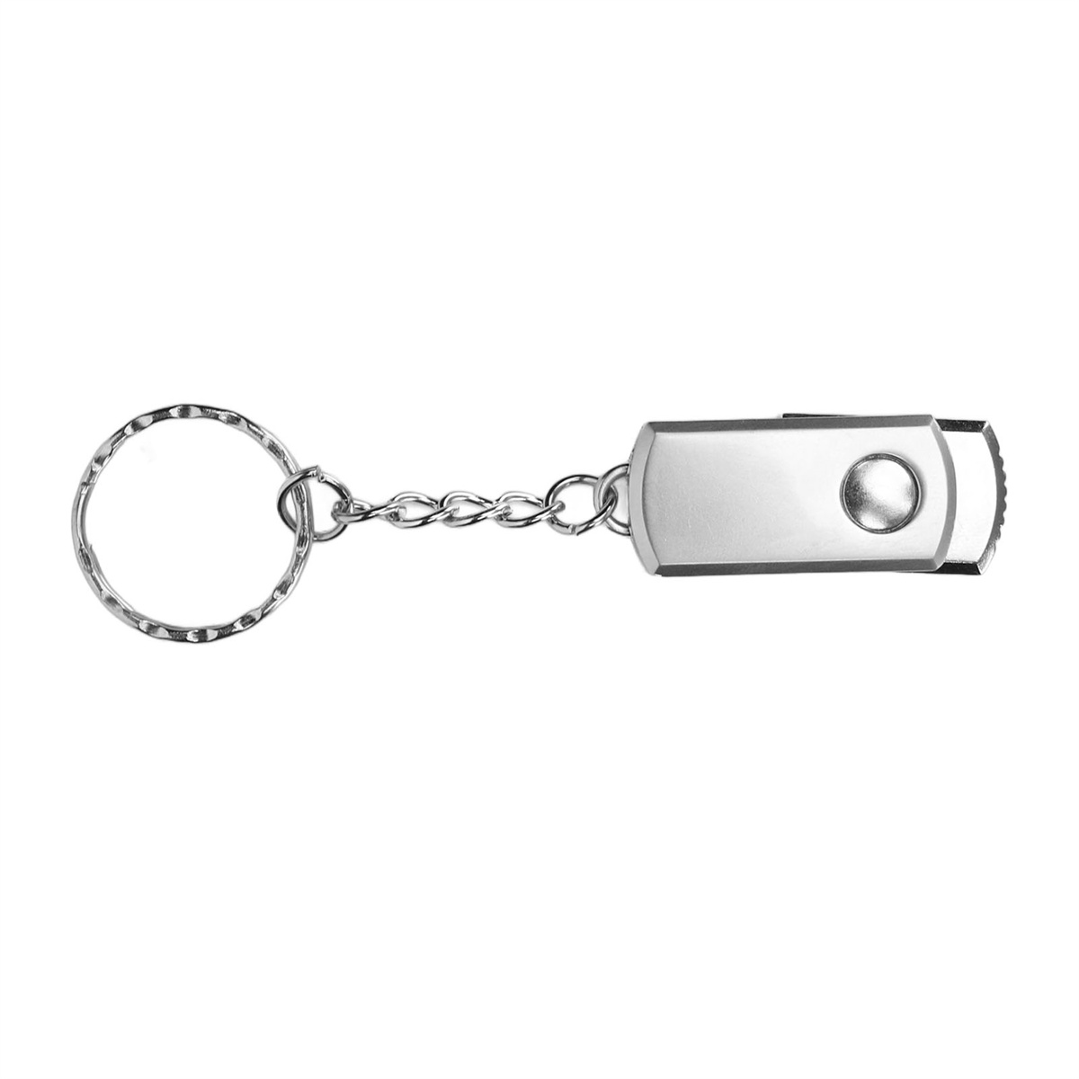 Ein silberner Schlüsselanhänger mit einem schlüsselförmigen USB-Stick am Ring befestigt.