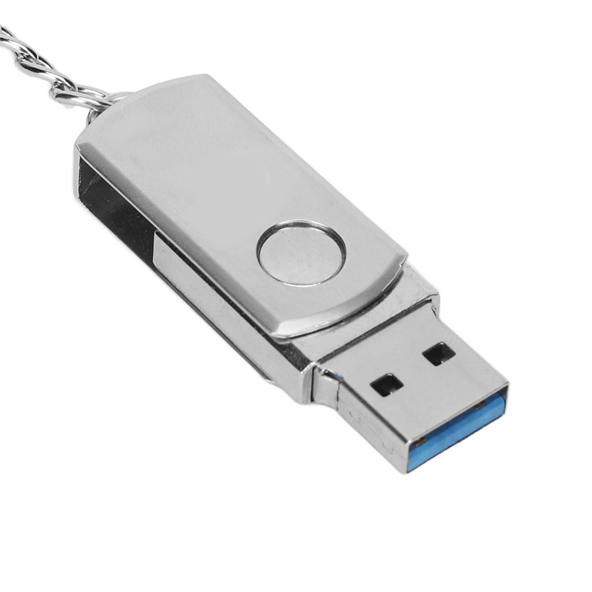 Silberner USB-Stick. Blauer Anschluss am Ende. Hat eine kleine Schlaufe für einen Schlüsselring.