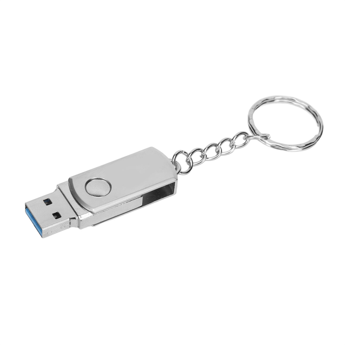 Silberner USB-Stick an einer Kette mit Schlüsselring. Der USB-Stick hat einen blauen Anschluss.