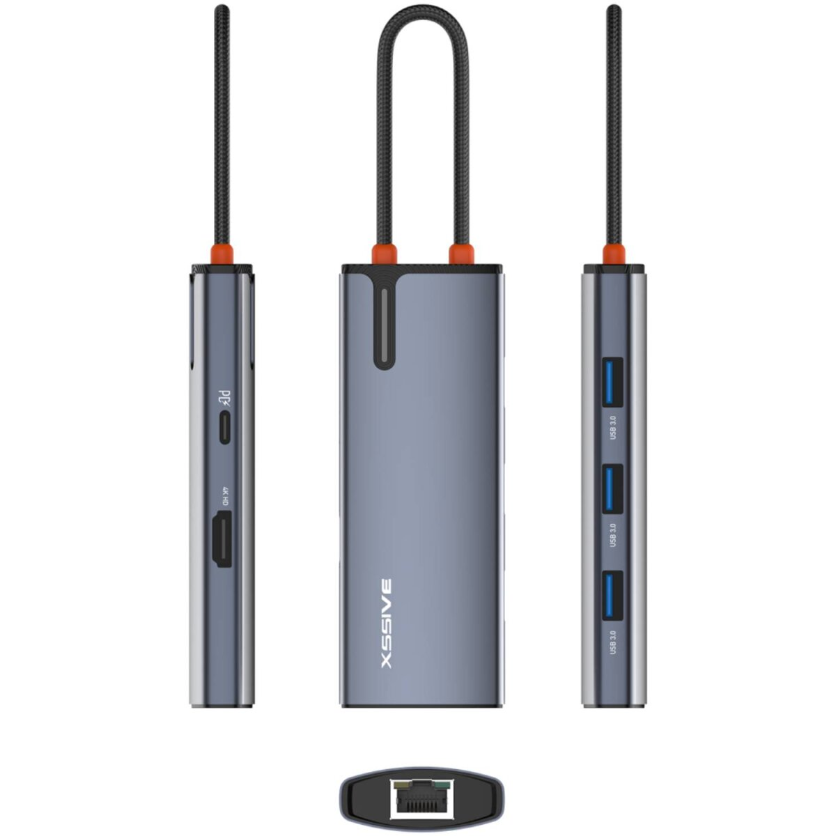 Ein silberner USB-Hub mit mehreren Anschlüssen und einem schwarzen Kabel mit orangefarbenen Akzenten.
