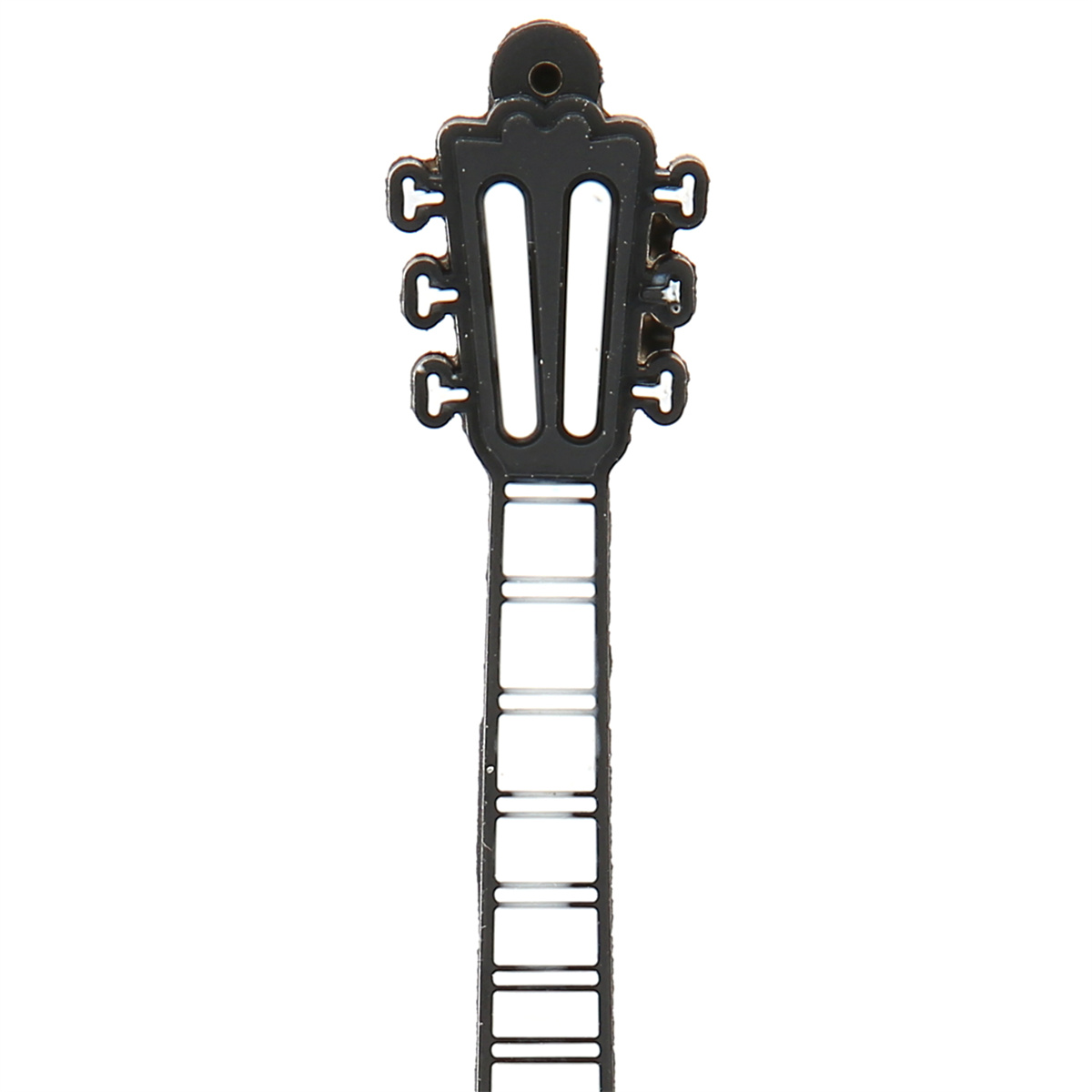 Schwarzer Gitarrenkopf-Ausschnitt. Sechs Stimmwirbel sind sichtbar. Weißer Hintergrund.