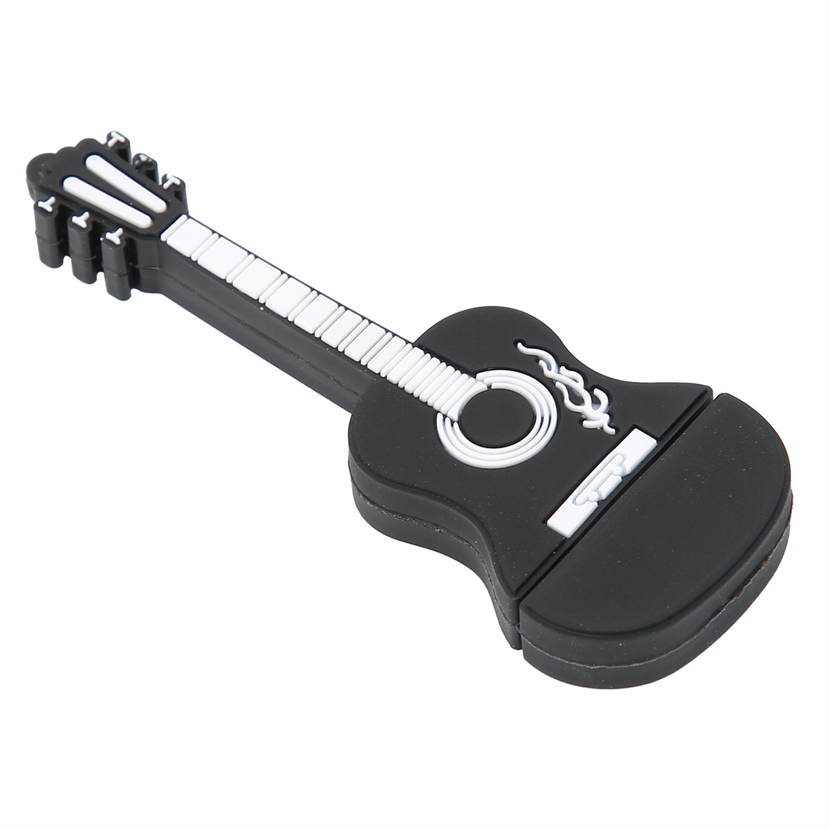 Ein schwarzer USB-Stick in Gitarrenform mit weißen Bunddetails. Es ist ein Flash-Laufwerk.