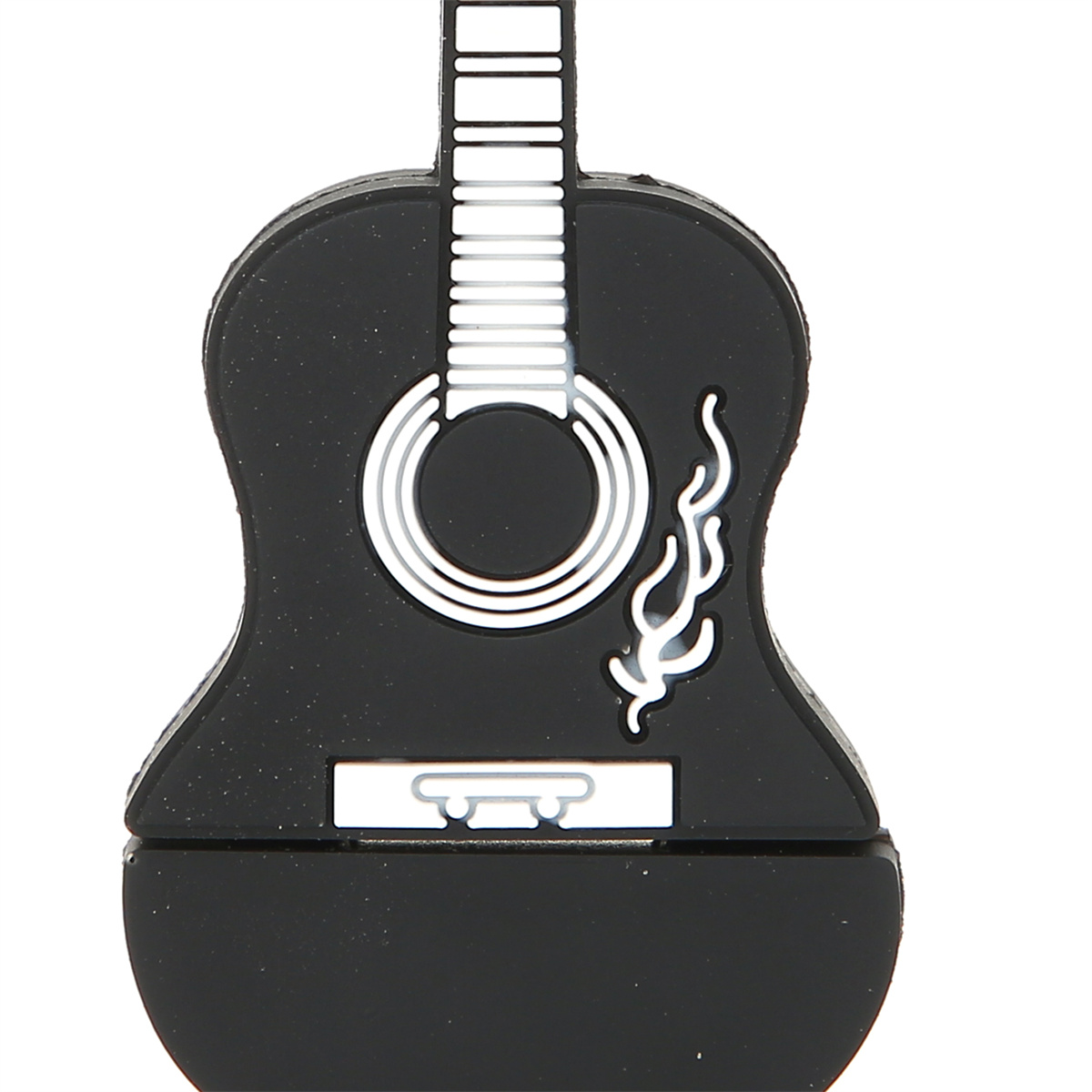 Ein schwarzer USB-Stick in Gitarrenform mit weißem Design vor weißem Hintergrund.