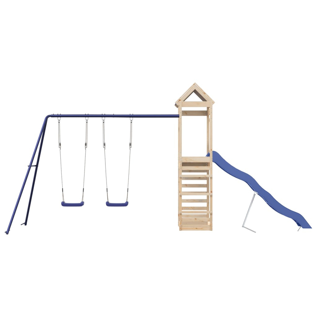 Parco giochi con altalene, scivolo e torre di legno con tetto blu e scala.