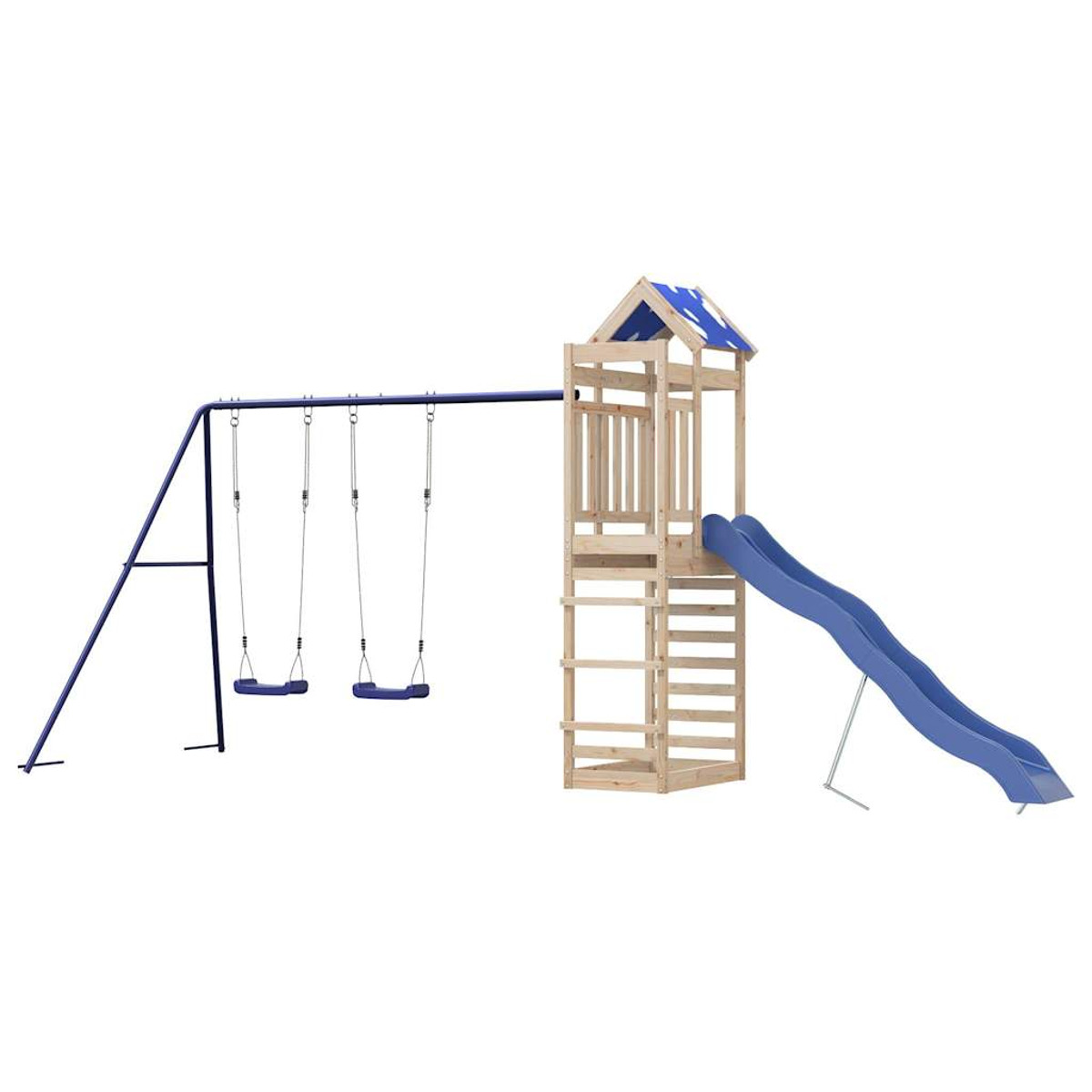 Attrezzatura per parchi giochi con altalene, uno scivolo, una scala e una torre di legno con tetto blu.