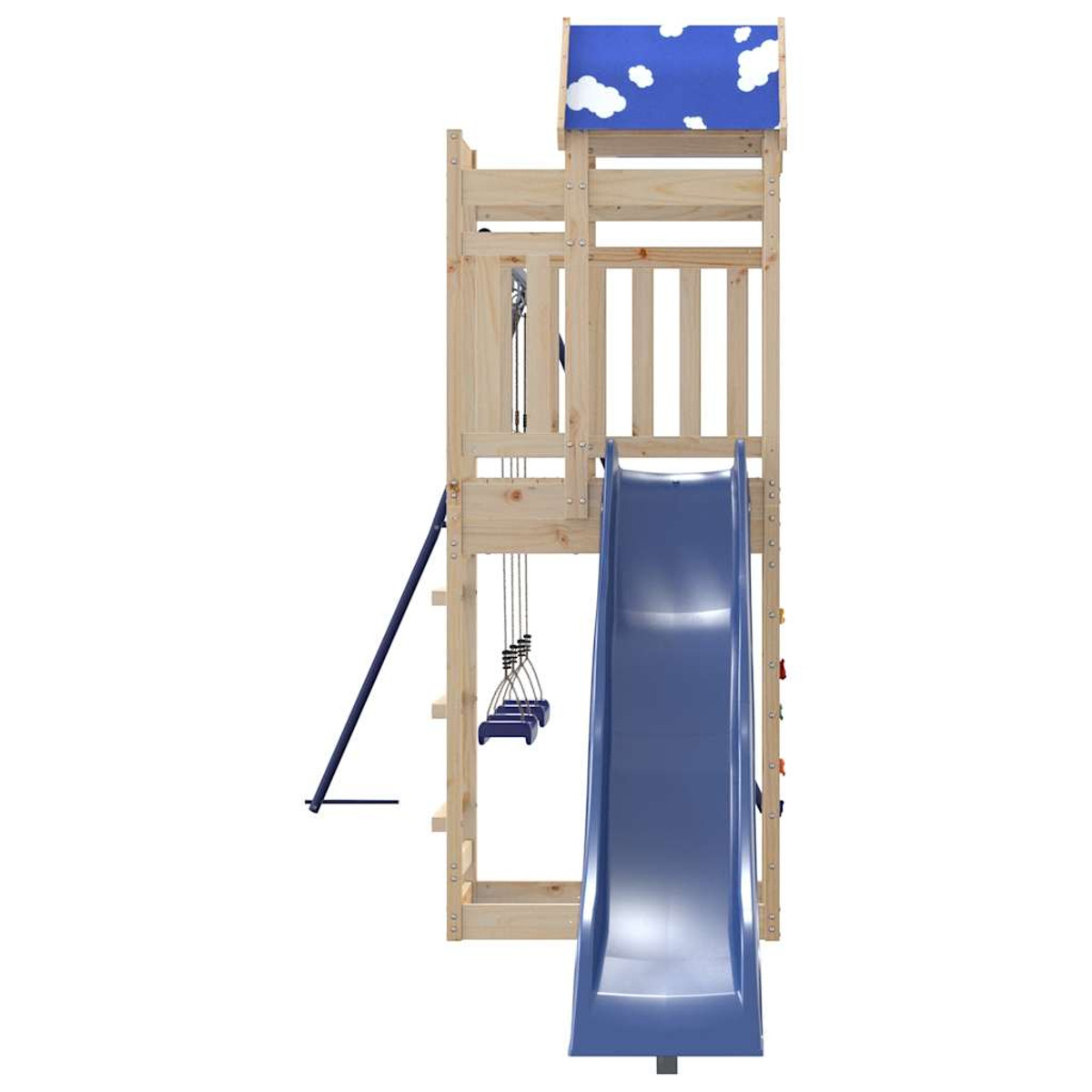 Parco giochi in legno con scivolo, altalene e parete da arrampicata.