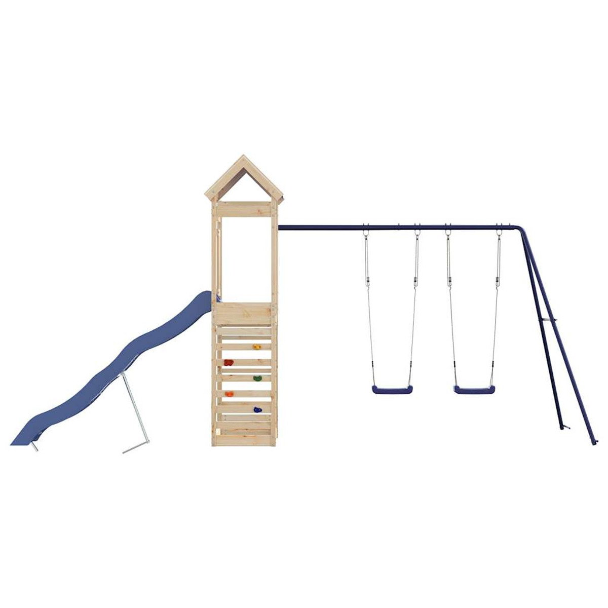 Un parco giochi in legno con scivolo, parete da arrampicata e altalena.