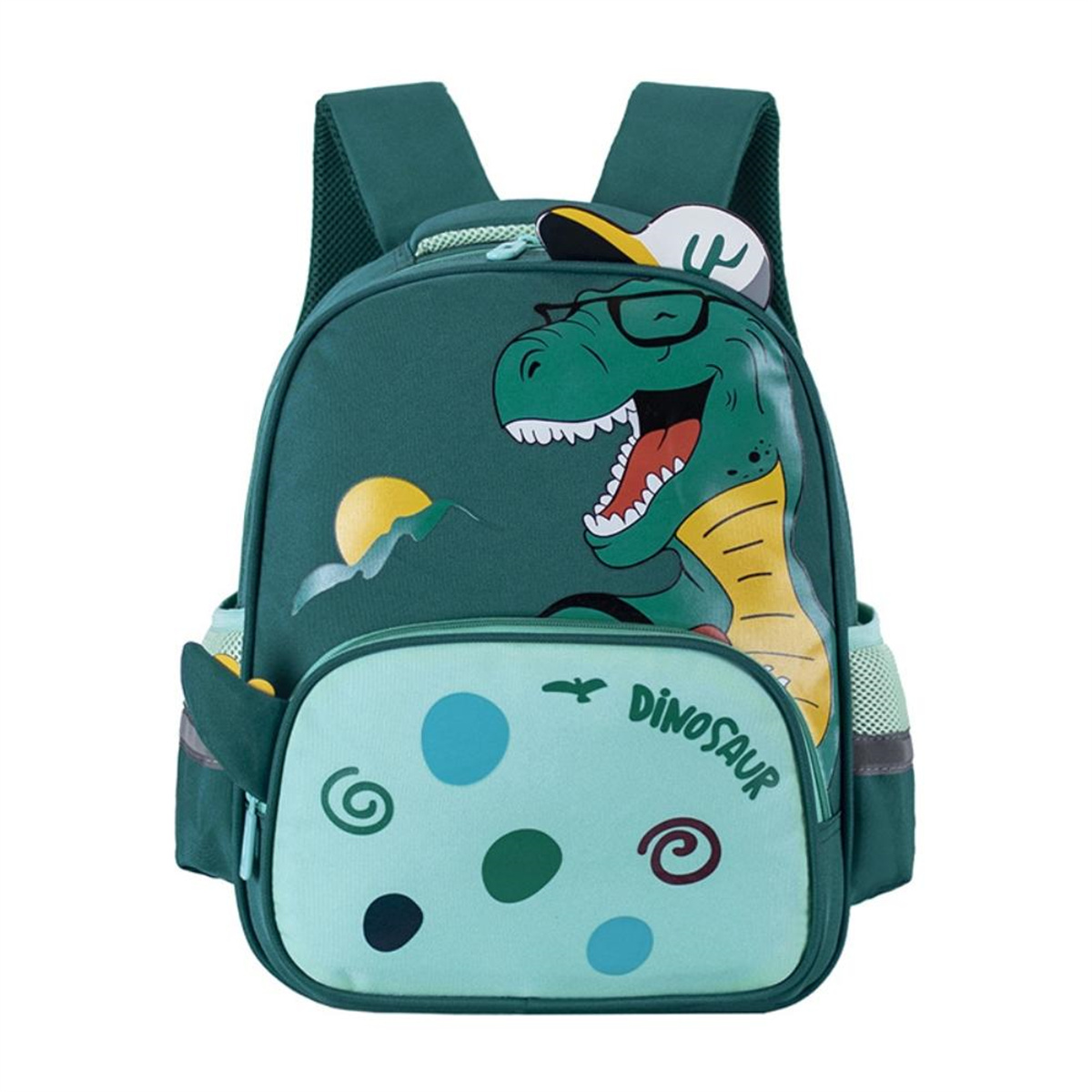 Grüner Dinosaurier-Rucksack mit Dinosaurier-Design. Verfügt über eine hellblaue Vordertasche und Seitentaschen.