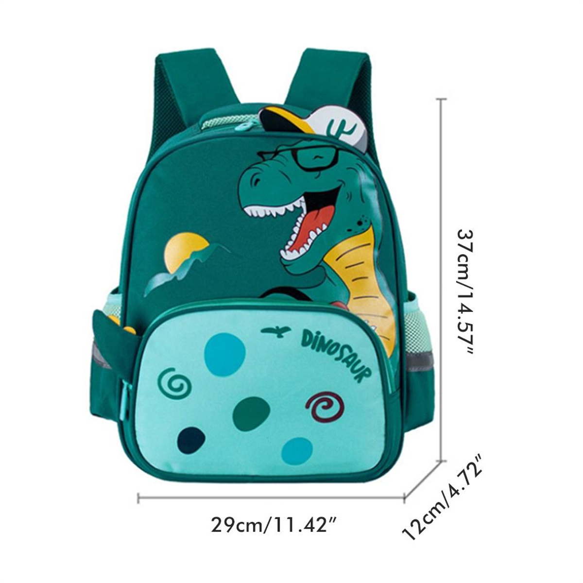 Grüner Dinosaurier-Rucksack mit Dinosaurier-Grafik, Maße sichtbar.