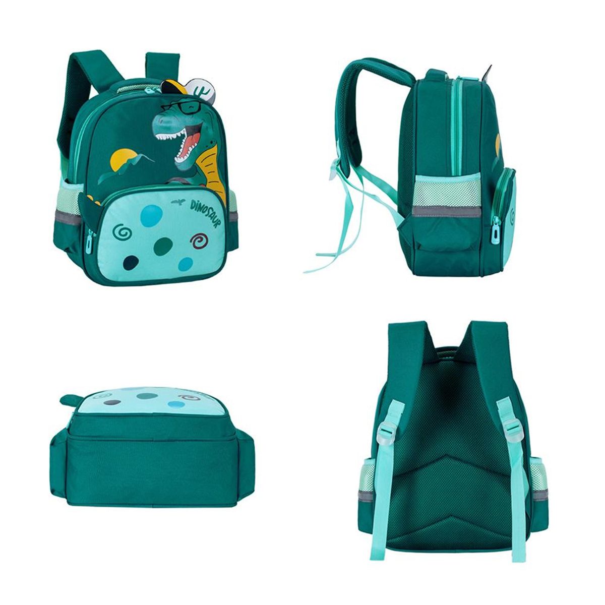 Grüner Rucksack, verschiedene Ansichten. Mit Dinosaurier-Design, Fronttasche, Seitentaschen und gepolsterten Trägern.