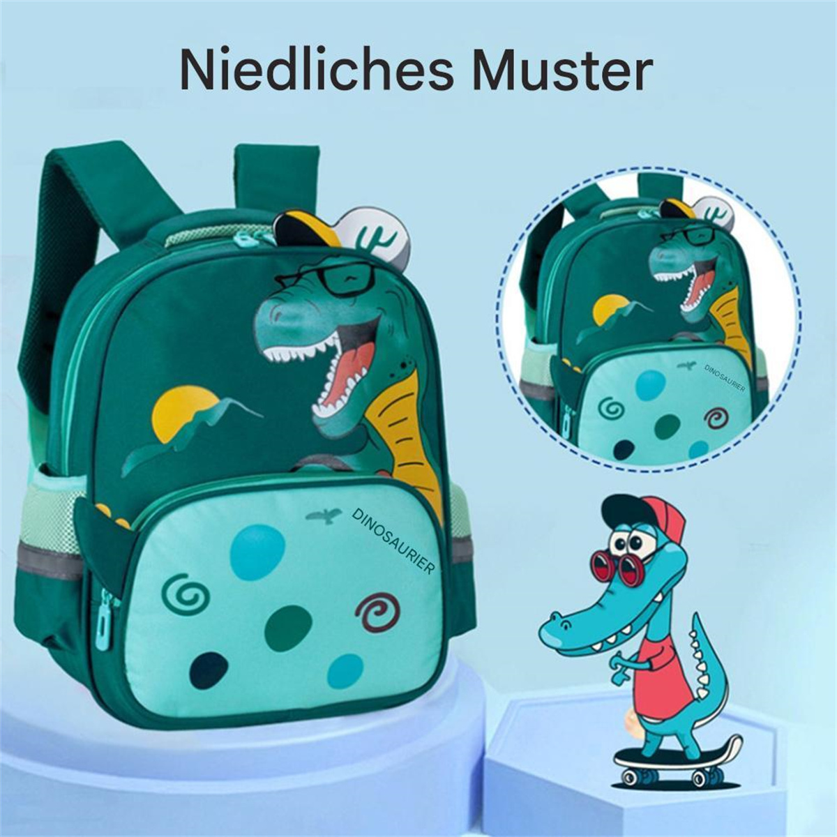 Ein grüner Dinosaurier-Rucksack für Kinder mit einem Cartoon-Dinosaurier und zusätzlichen Grafiken.