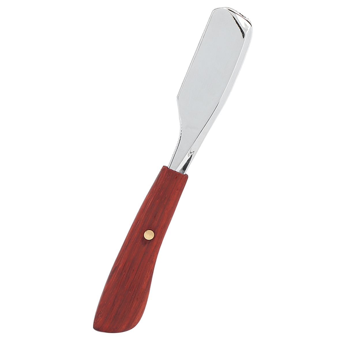 Ein Rasiermesser mit silberner Klinge und einem dunkelrotbraunen Holzgriff.