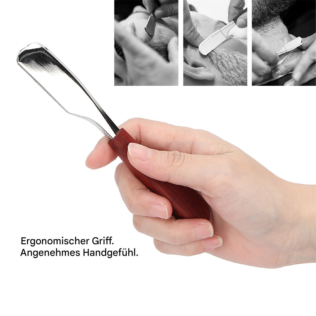 Hand, die einen Rasiermesser hält. Schwarz-Weiß-Bilder des Rasierens.