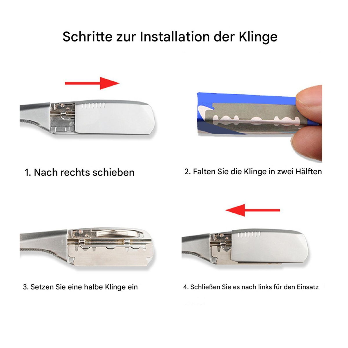 Installationsschritte für eine Rasierklinge, mit Illustrationen zum Falten und Einsetzen.