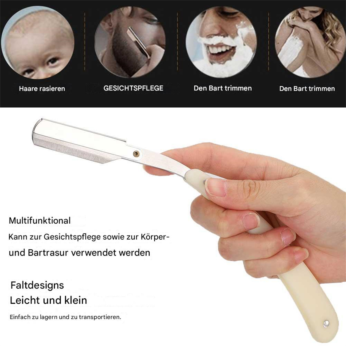 Ein Rasiermesser, eine Hand hält es. Deutscher Text über Rasur und Pflege.