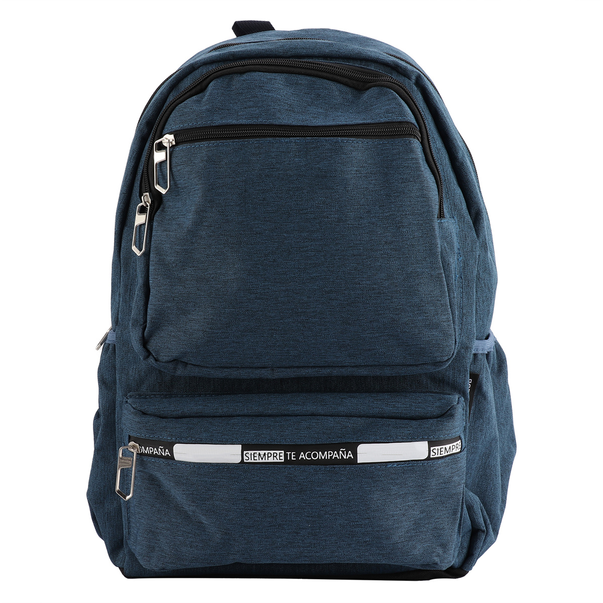 Dunkelblauer Rucksack mit Vordertaschen und Reißverschlüssen. 'SIEMPRE ACOMPAÑA' steht drauf.