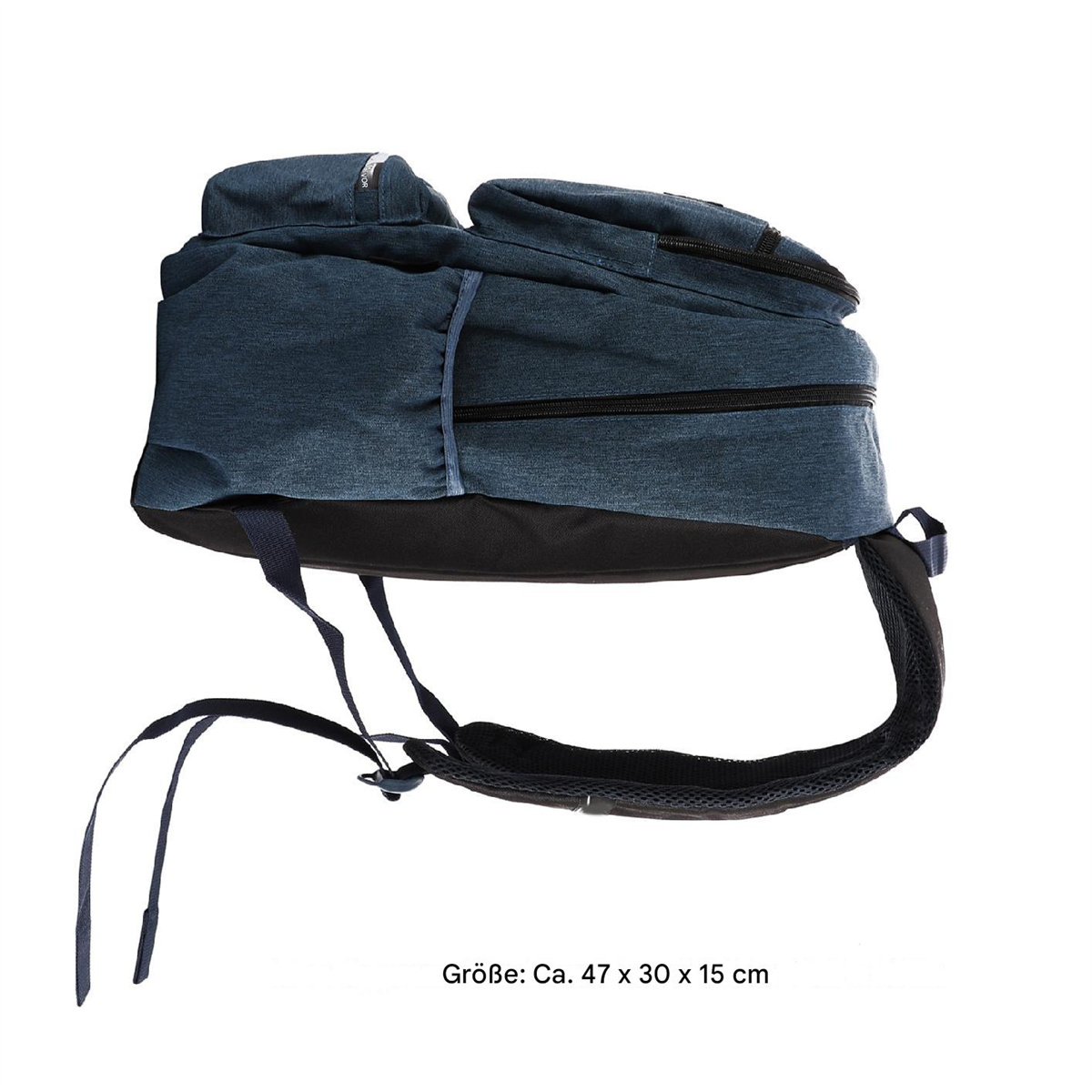 Blauer und schwarzer Rucksack mit mehreren Fächern, Draufsicht.